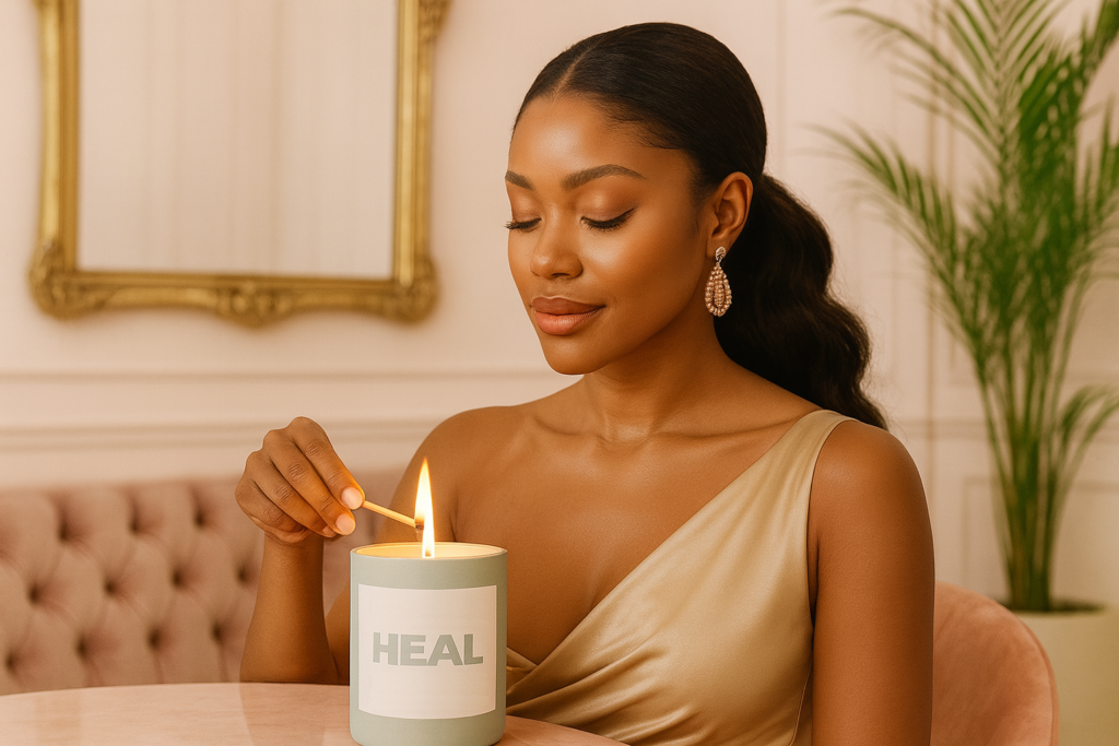 Photo of a woman lighting an Elle Larre Heal candle.